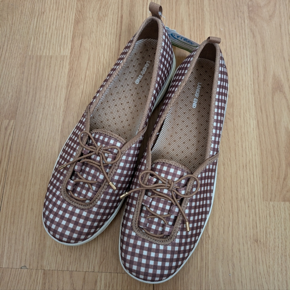 🆕 Land's End Women's Checkered Tan Brown White Flats Shoes Size 10 - Picture 11 of 16